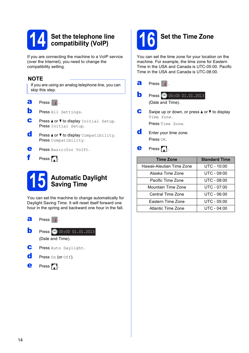 14 set the telephone line compatibility (voip), 15 automatic daylight saving time, 16 set the time zone | Brother MFC-J6920DW User Manual | Page 14 / 46