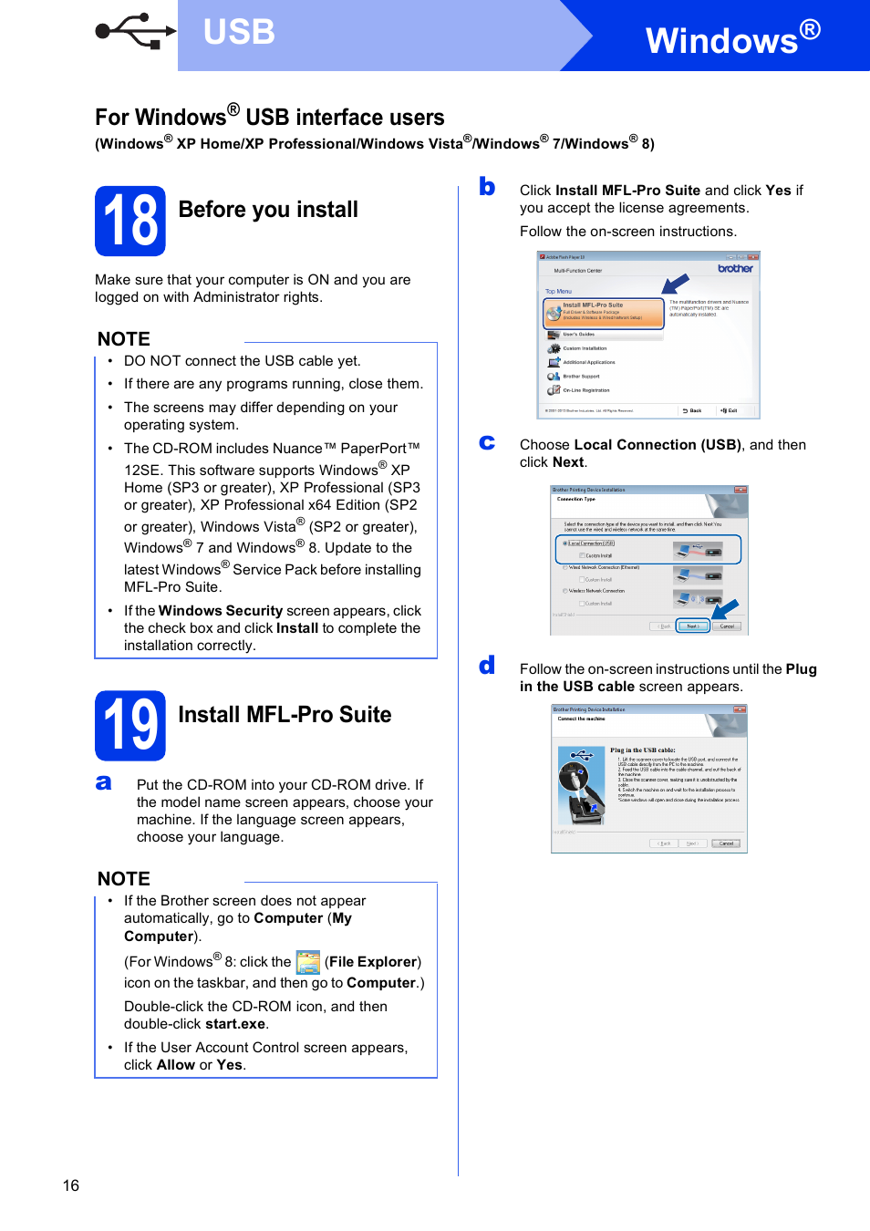 18 before you install, 19 install mfl-pro suite, Windows | For windows, Usb interface users, Before you install, Install mfl-pro suite | Brother MFC-J6920DW User Manual | Page 16 / 46