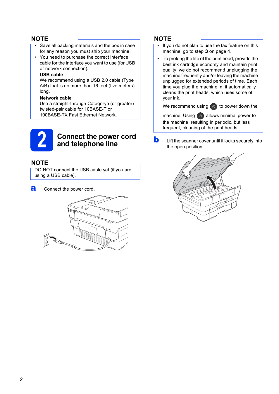 2 connect the power cord and telephone line, Connect the power cord and telephone line | Brother MFC-J6920DW User Manual | Page 2 / 46