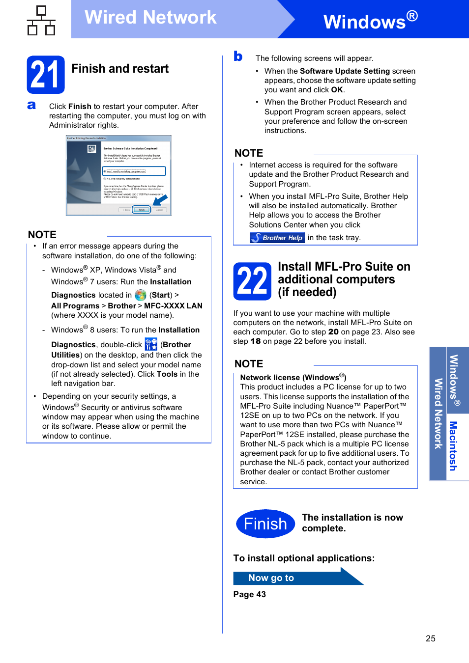 21 finish and restart, Windows, Wired network | Finish, Finish and restart | Brother MFC-J6920DW User Manual | Page 25 / 46