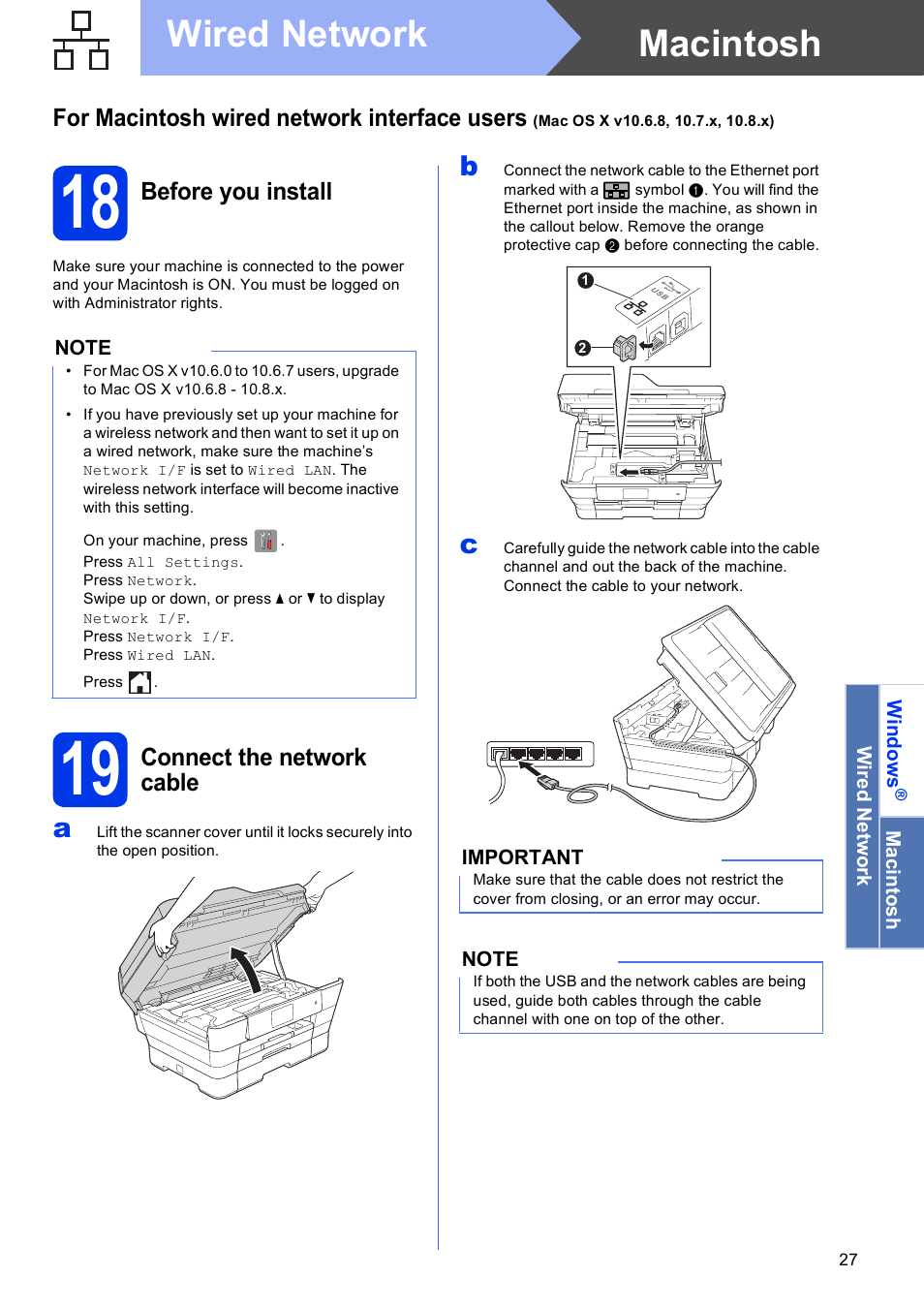 18 before you install, 19 connect the network cable, Macintosh wired network | Brother MFC-J6920DW User Manual | Page 27 / 46