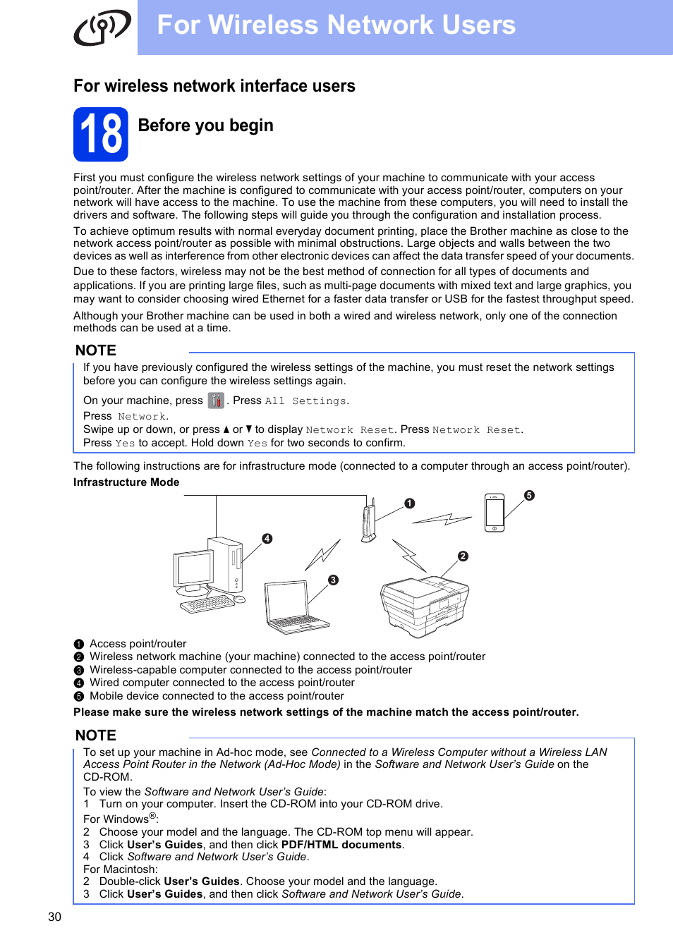 For wireless network interface users, 18 before you begin, For wireless network users | Before you begin | Brother MFC-J6920DW User Manual | Page 30 / 46