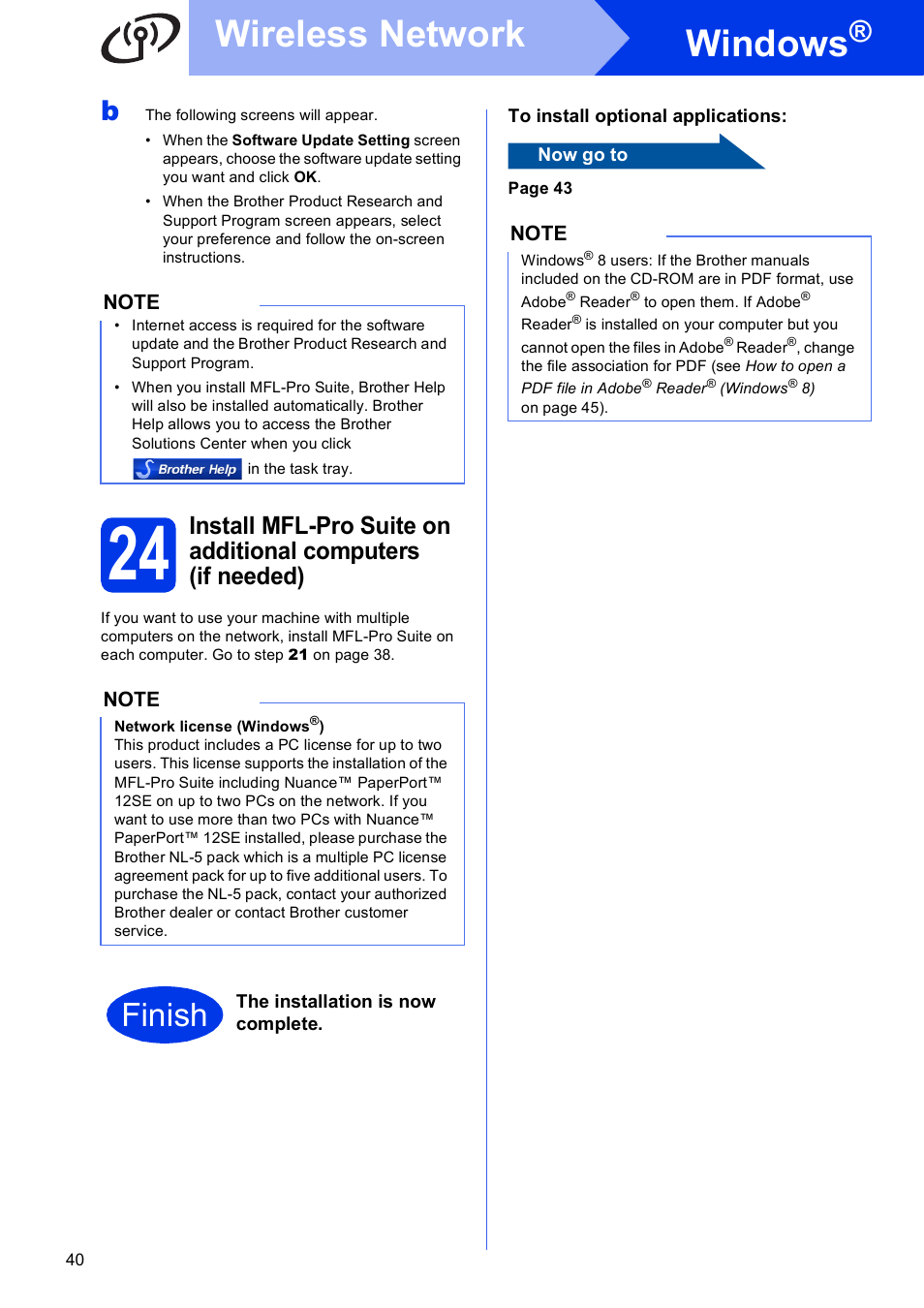 Windows, Wireless network, Finish | Brother MFC-J6920DW User Manual | Page 40 / 46
