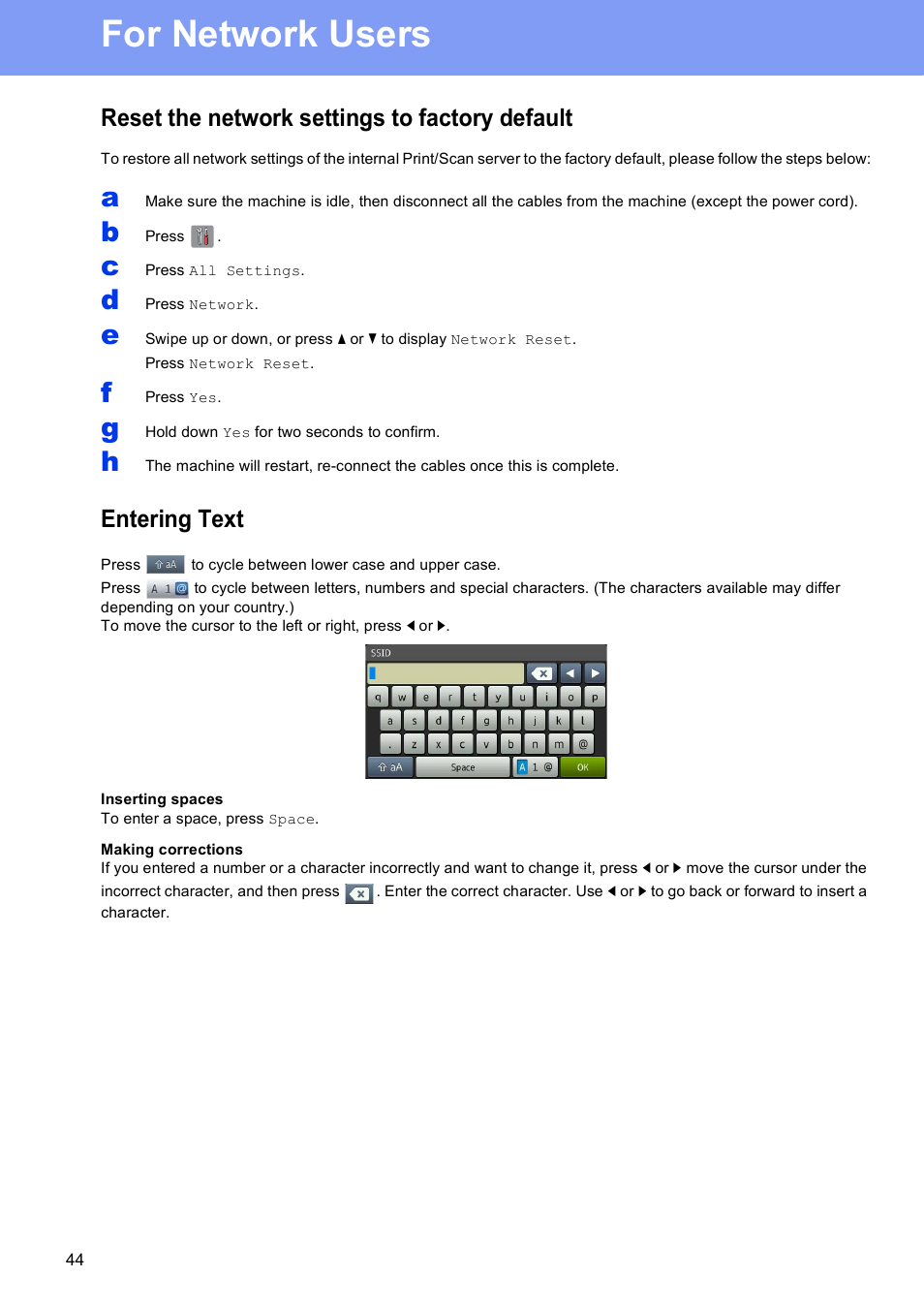 For network users, Reset the network settings to factory default, Entering text | Brother MFC-J6920DW User Manual | Page 44 / 46