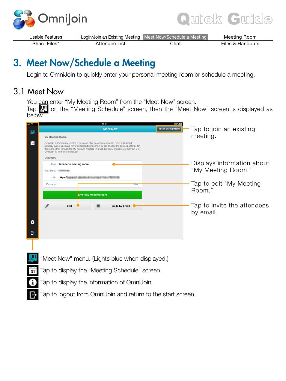 Meet now/schedule a meeting, 1 meet now | Brother OmniJoin User Manual | Page 4 / 13