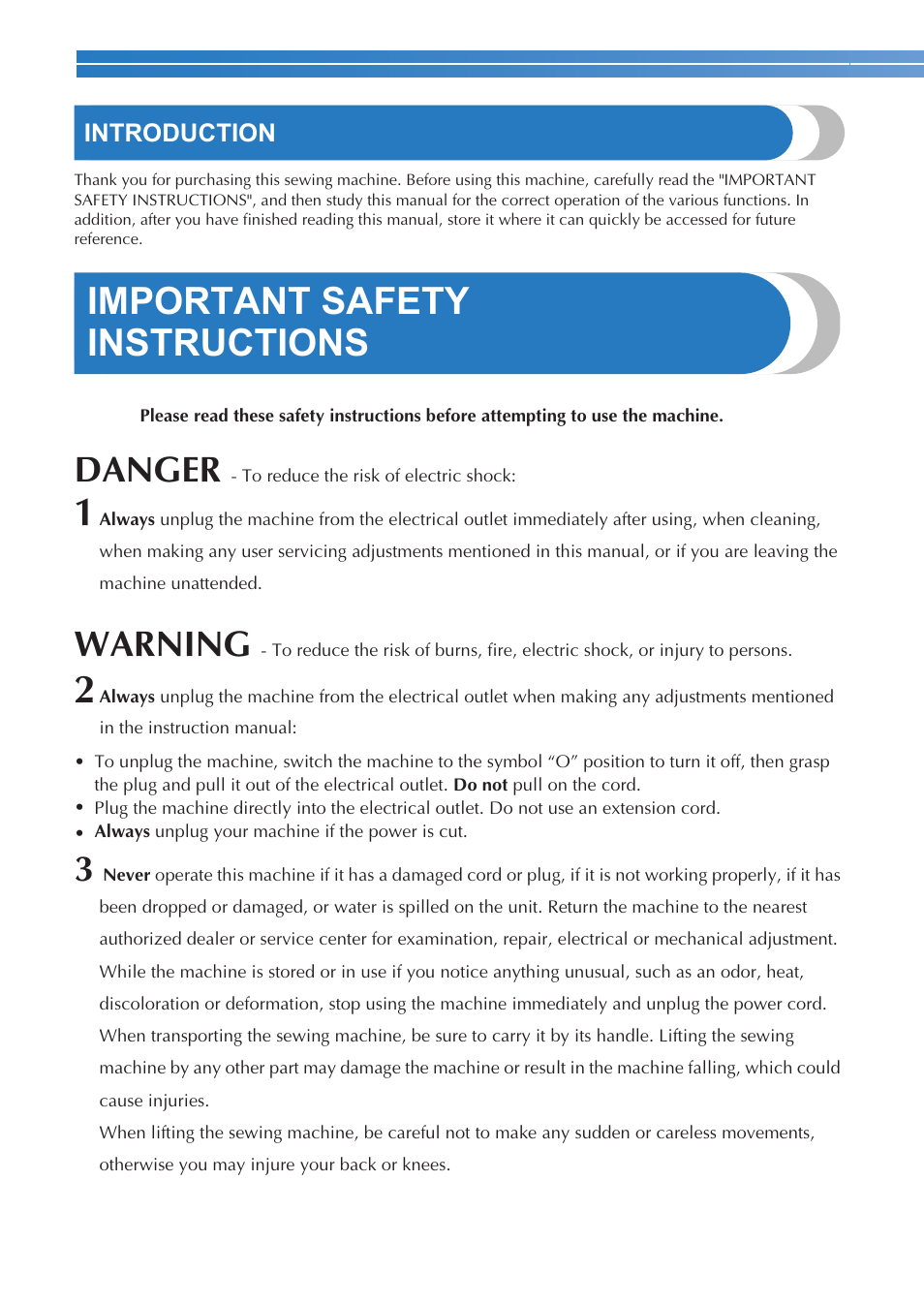 Important safety instructions, Danger, Warning | Brother CS9100 User Manual | Page 2 / 80