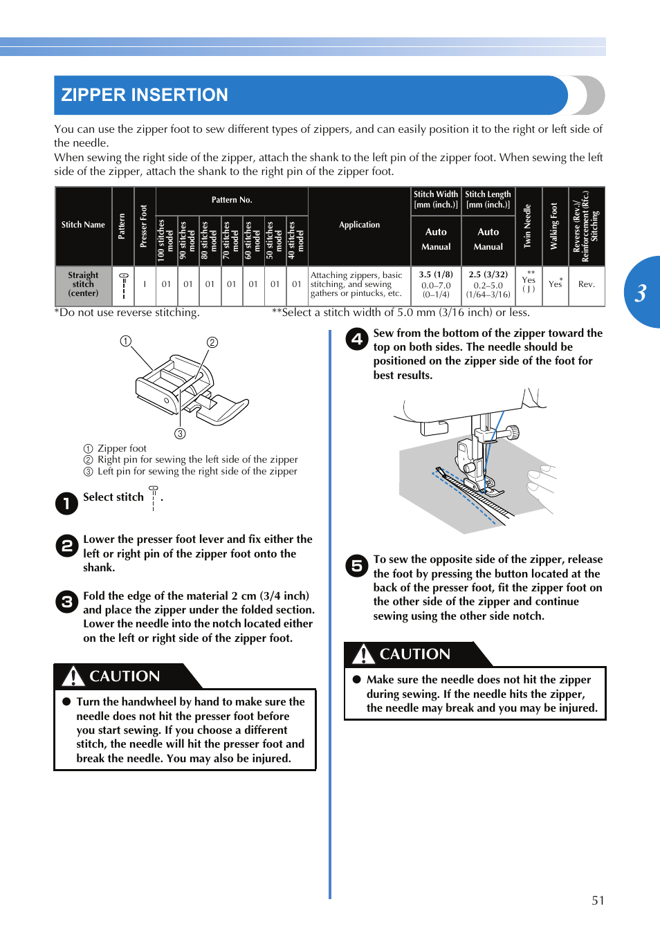 Zipper insertion, Caution | Brother CS9100 User Manual | Page 53 / 80