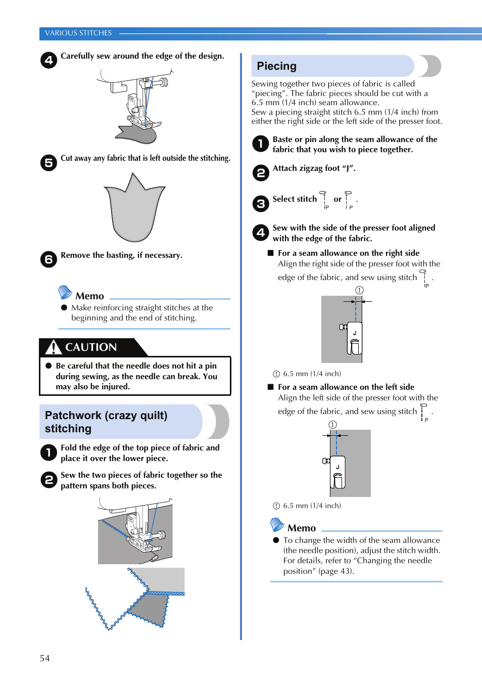 Patchwork (crazy quilt) stitching, Piecing, Caution | Brother CS9100 User Manual | Page 56 / 80