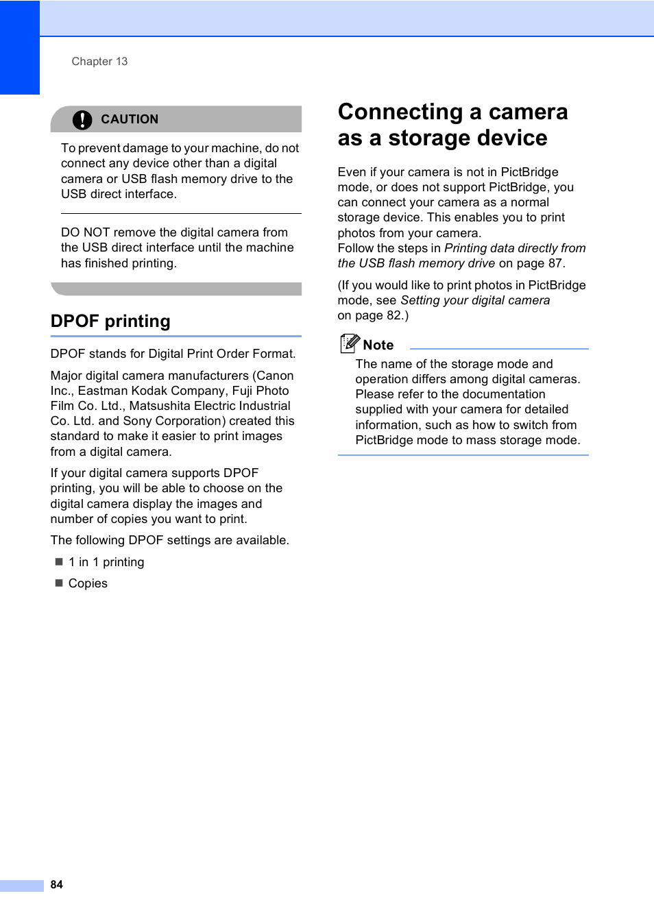 Dpof printing, Connecting a camera as a storage device | Brother MFC-9450CDN User Manual | Page 100 / 252