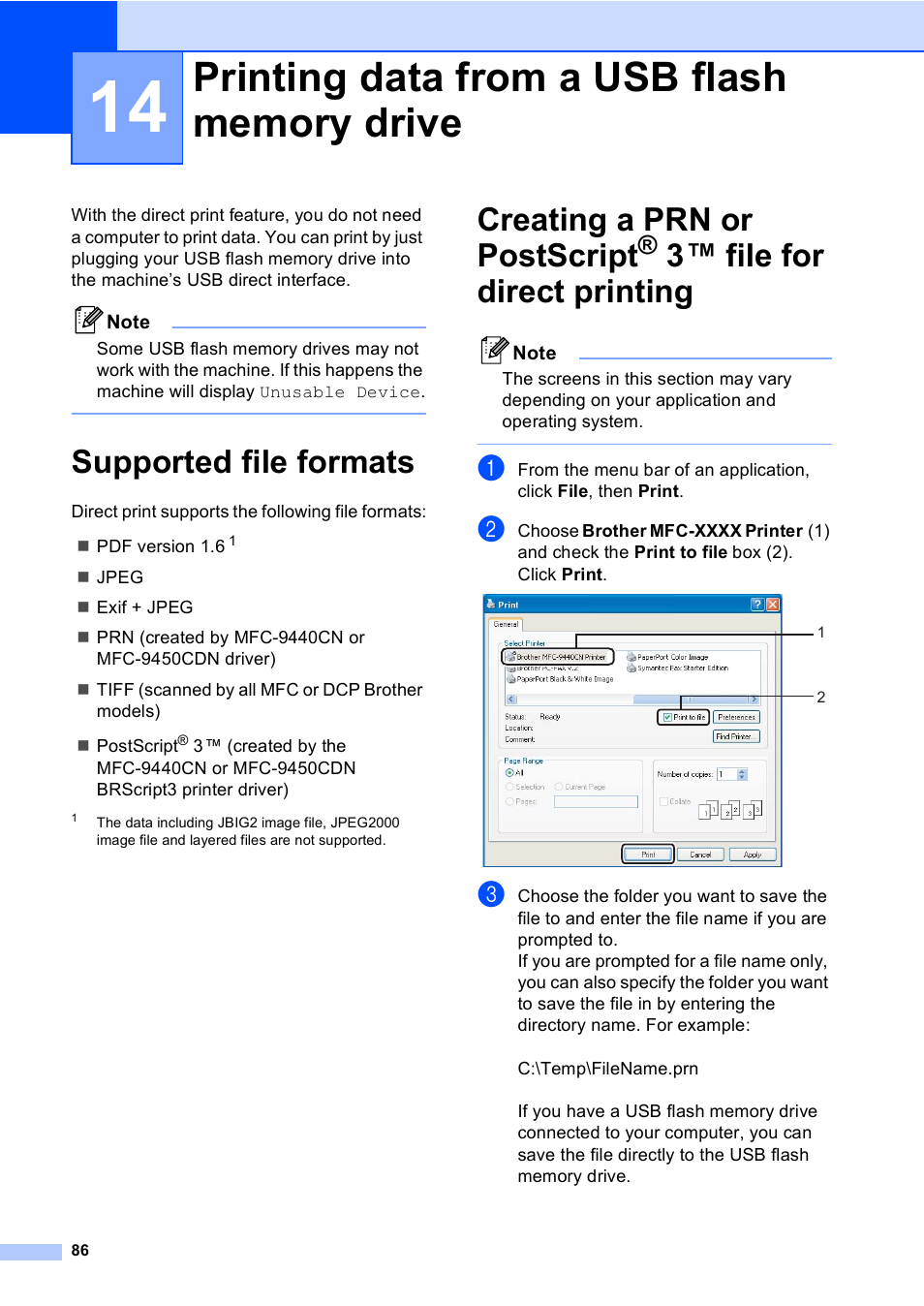 14 printing data from a usb flash memory drive, Supported file formats, Printing data from a usb flash memory drive | 3 ™ file for direct printing, Creating a prn or postscript, File for direct printing | Brother MFC-9450CDN User Manual | Page 102 / 252