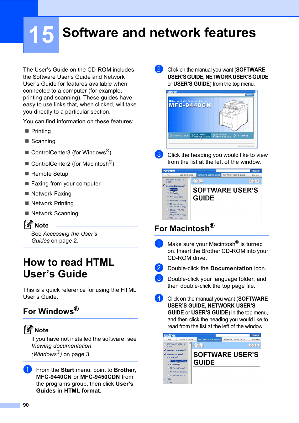 15 software and network features, How to read html user’s guide, For windows | For macintosh, Software and network features | Brother MFC-9450CDN User Manual | Page 106 / 252