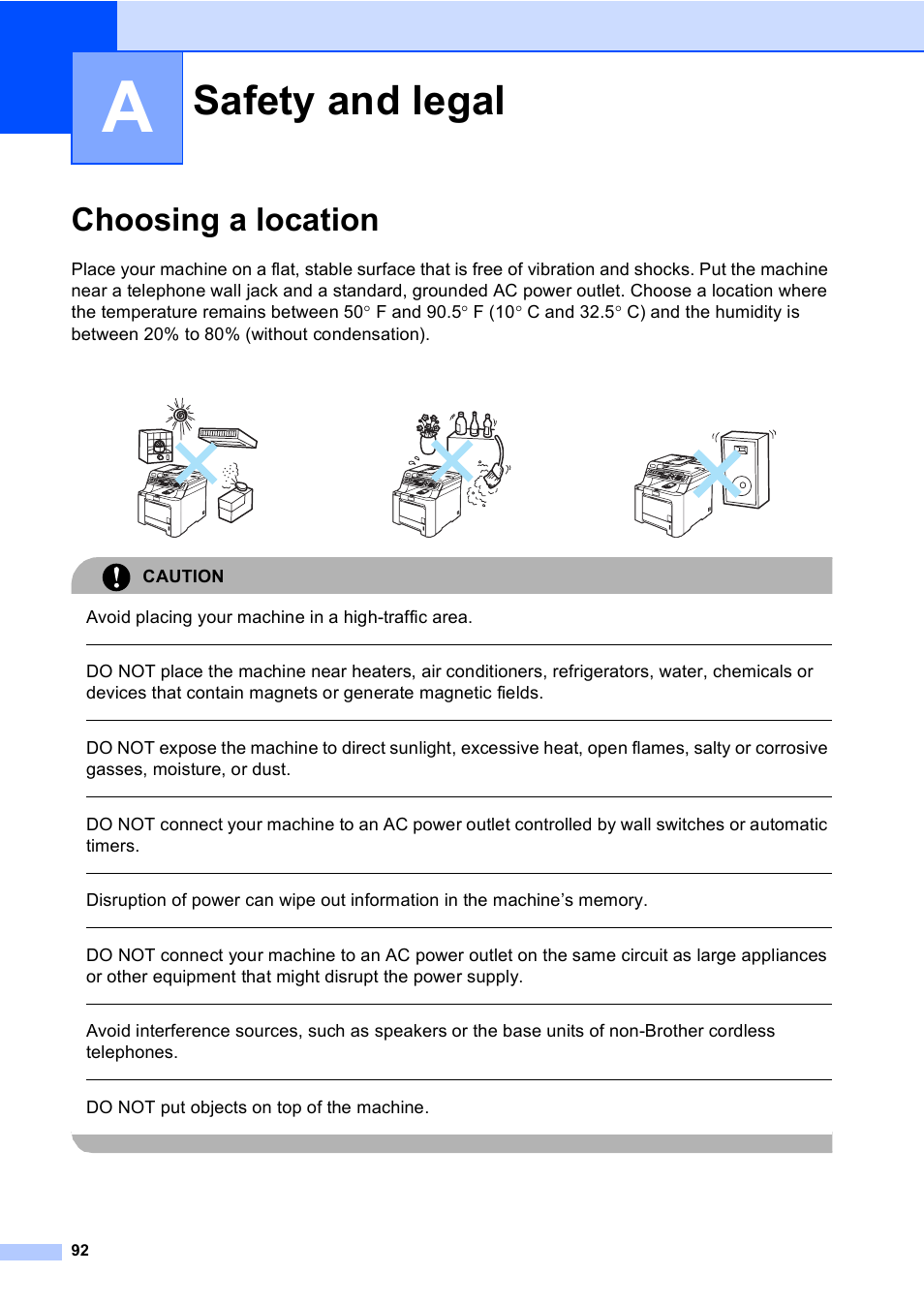 A safety and legal, Choosing a location, Safety and legal | Avoid placing your machine in a high-traffic area, Do not put objects on top of the machine | Brother MFC-9450CDN User Manual | Page 108 / 252