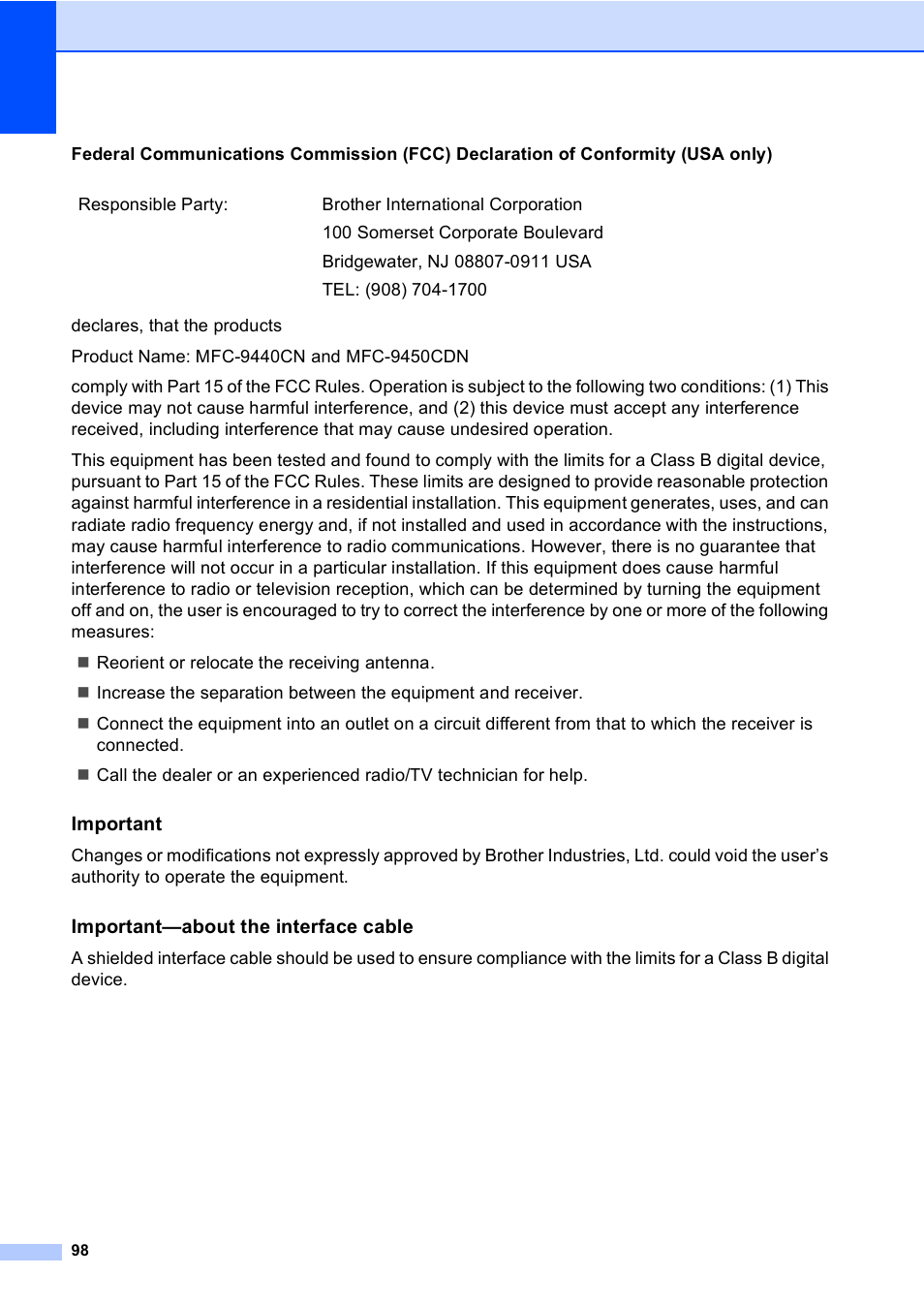 Important, Important-about the interface cable | Brother MFC-9450CDN User Manual | Page 114 / 252