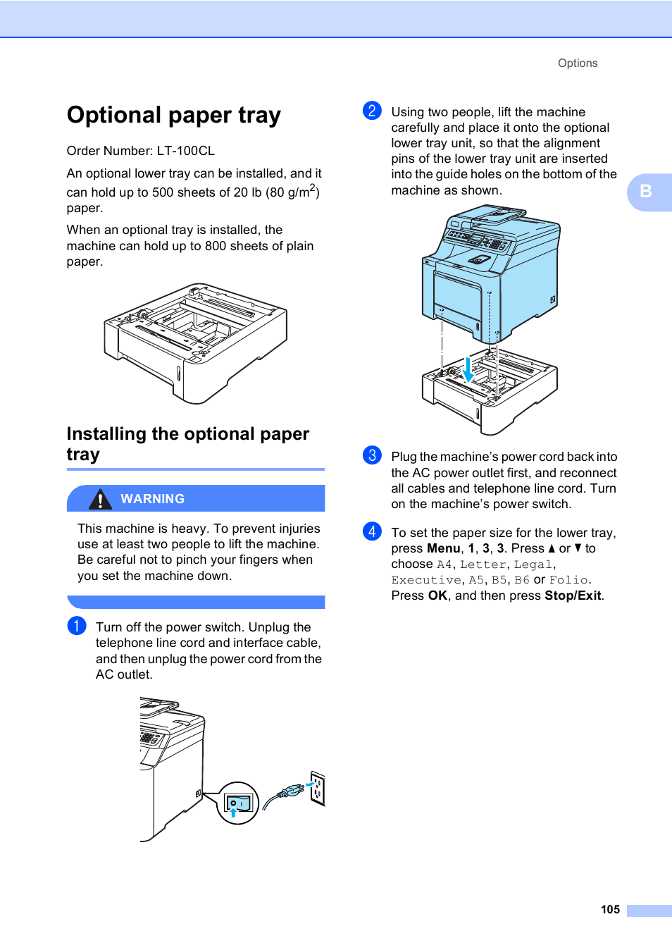 Optional paper tray, Installing the optional paper tray | Brother MFC-9450CDN User Manual | Page 121 / 252