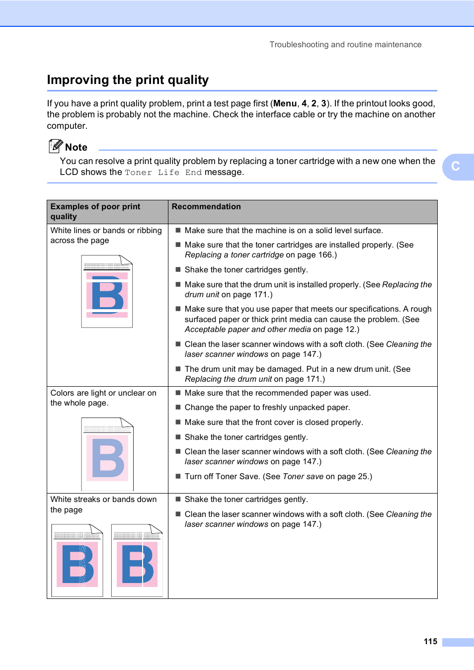 Improving the print quality, Cimproving the print quality | Brother MFC-9450CDN User Manual | Page 131 / 252