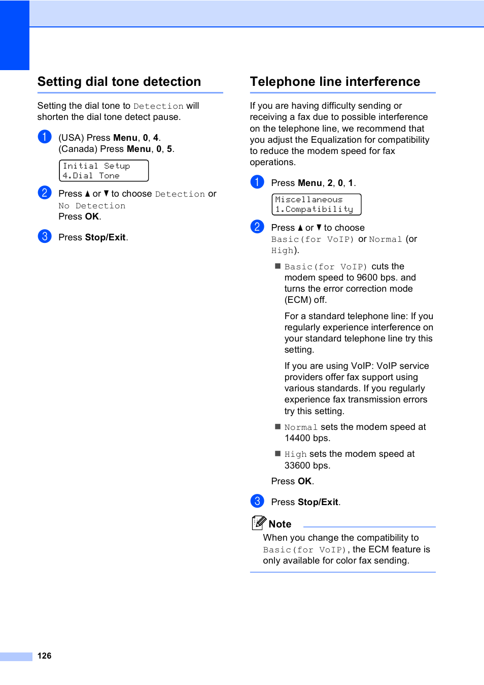 Setting dial tone detection, Telephone line interference | Brother MFC-9450CDN User Manual | Page 142 / 252