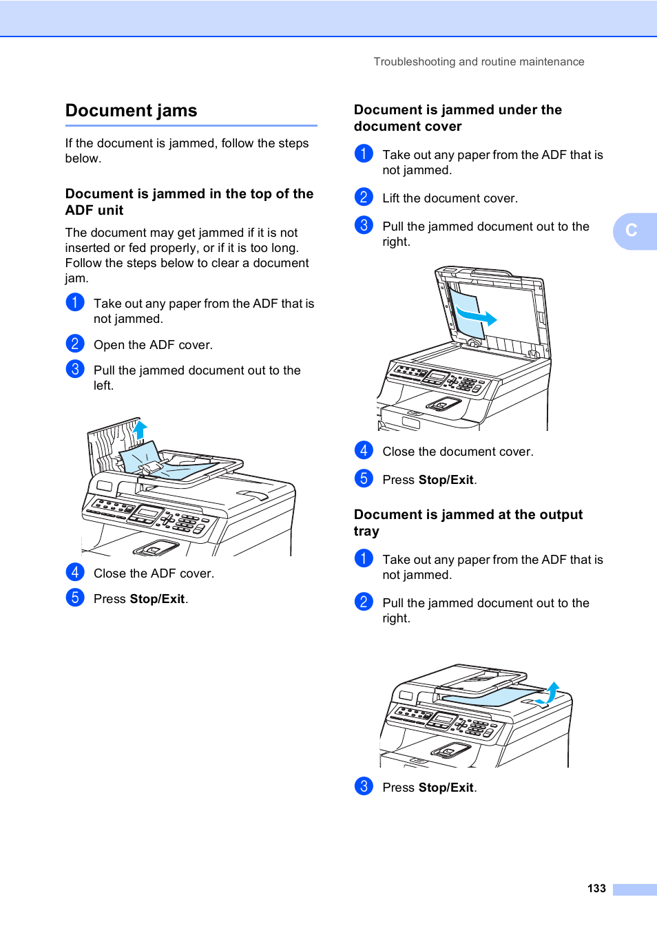 Document jams, Document is jammed in the top of the adf unit, Document is jammed under the document cover | Document is jammed at the output tray, Cdocument jams | Brother MFC-9450CDN User Manual | Page 149 / 252