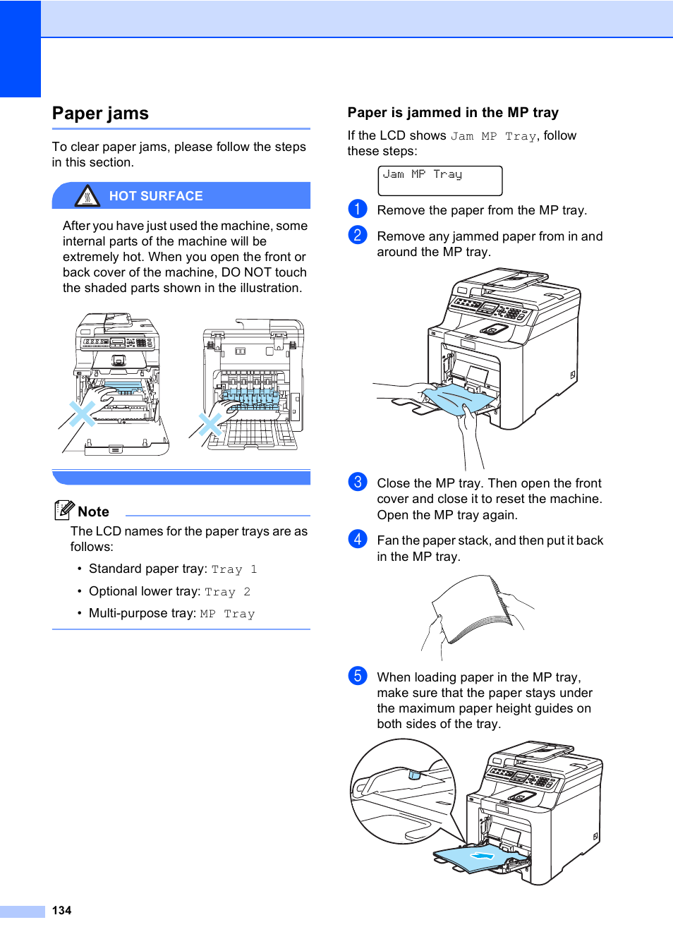 Paper jams, Paper is jammed in the mp tray | Brother MFC-9450CDN User Manual | Page 150 / 252