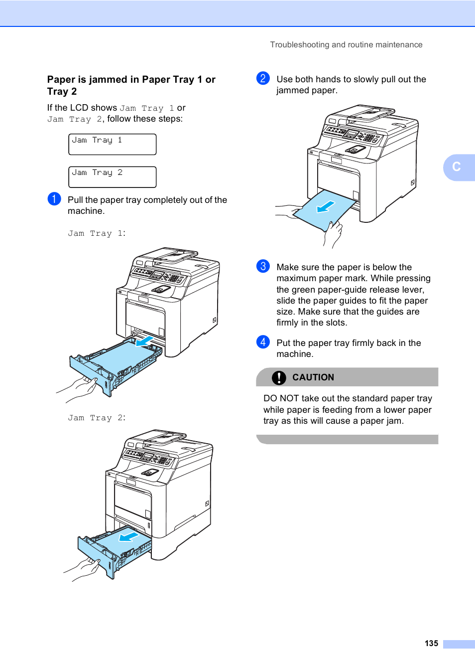 Paper is jammed in paper tray 1 or tray 2 | Brother MFC-9450CDN User Manual | Page 151 / 252