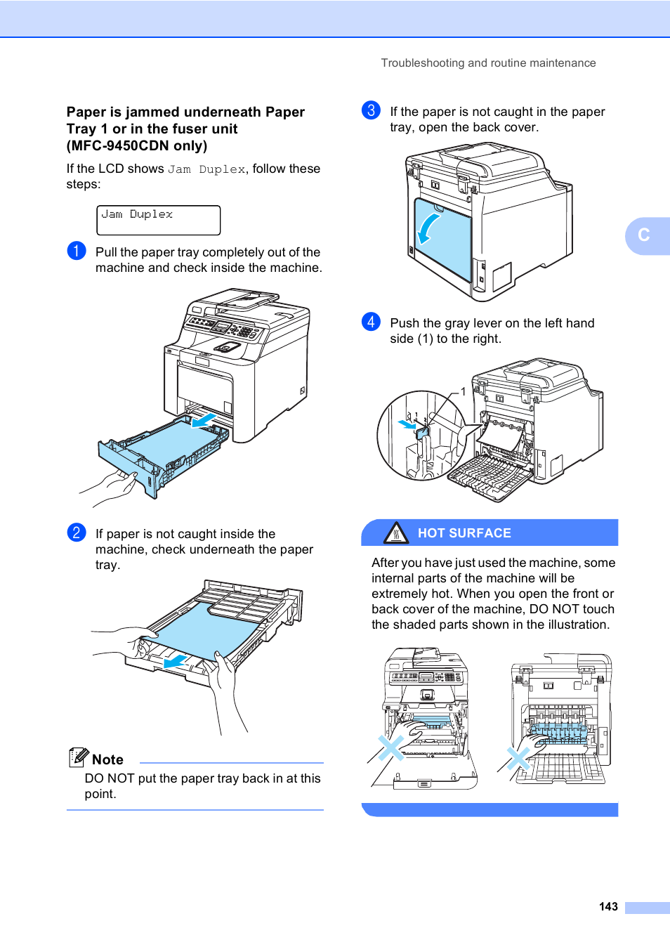 If the lcd shows jam duplex, follow these steps, Jam duplex, Do not put the paper tray back in at this point | Hot surface | Brother MFC-9450CDN User Manual | Page 159 / 252