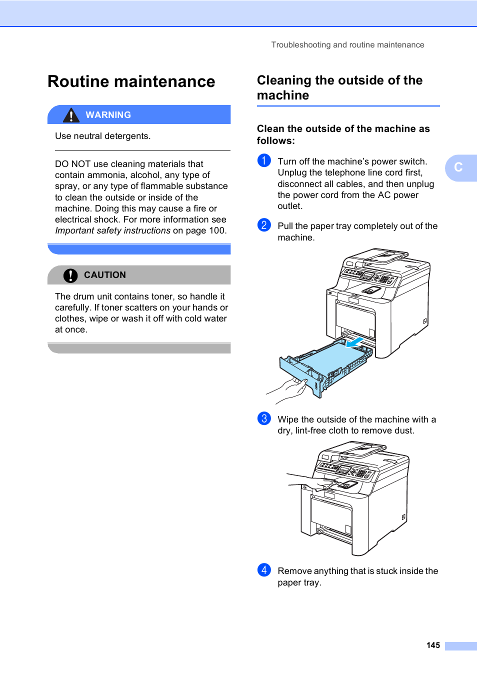 Routine maintenance, Cleaning the outside of the machine, Clean the outside of the machine as follows | Brother MFC-9450CDN User Manual | Page 161 / 252