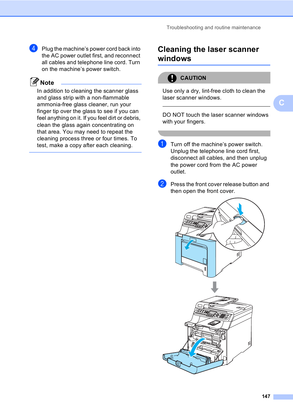 Cleaning the laser scanner windows | Brother MFC-9450CDN User Manual | Page 163 / 252