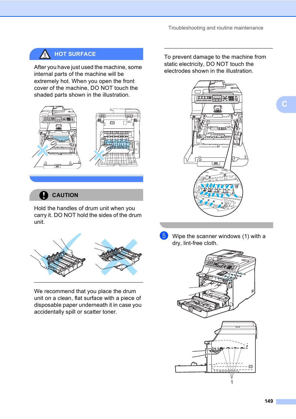 Hot surface, Caution, Troubleshooting and routine maintenance 149 | Brother MFC-9450CDN User Manual | Page 165 / 252