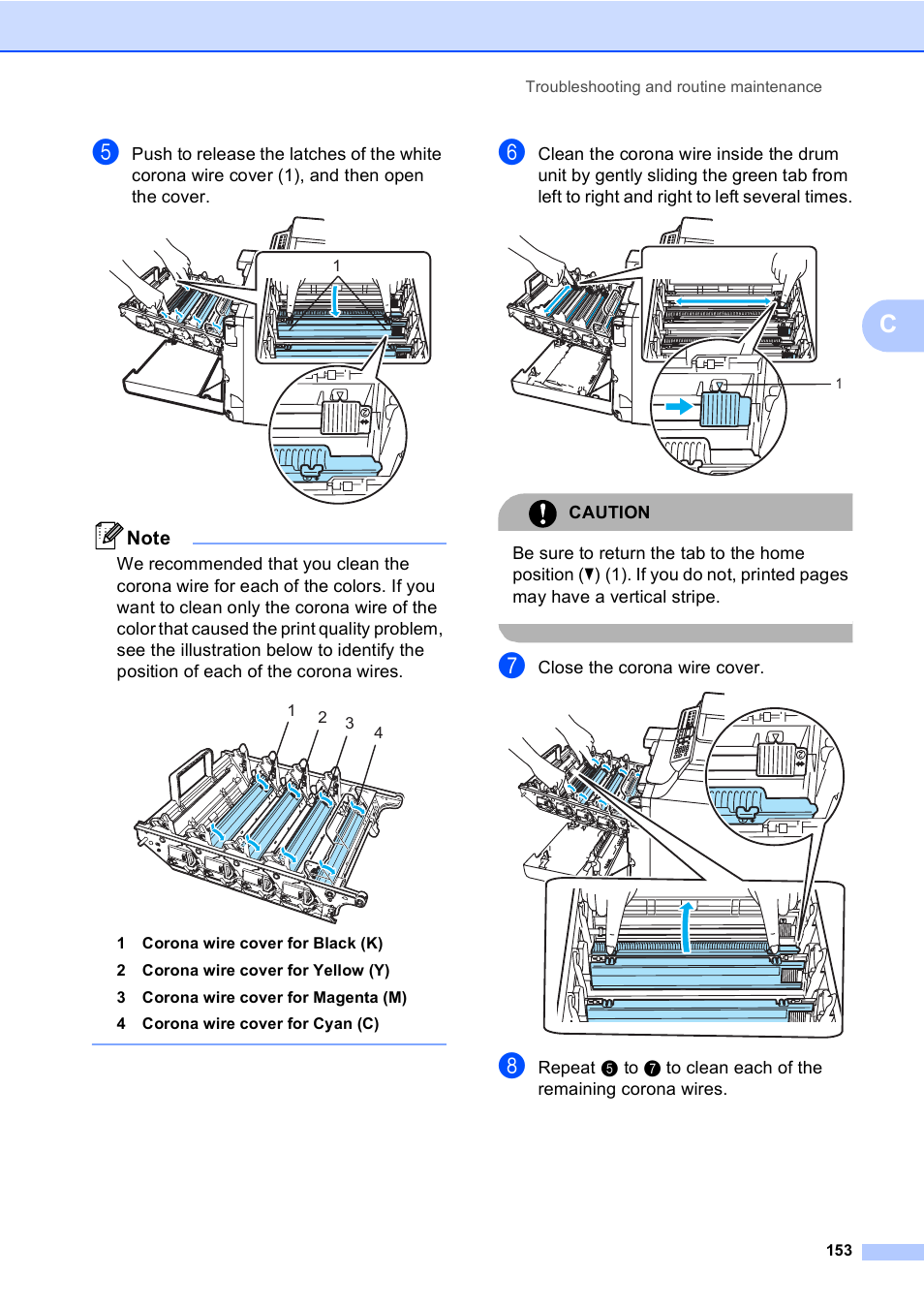 Caution, Close the corona wire cover | Brother MFC-9450CDN User Manual | Page 169 / 252