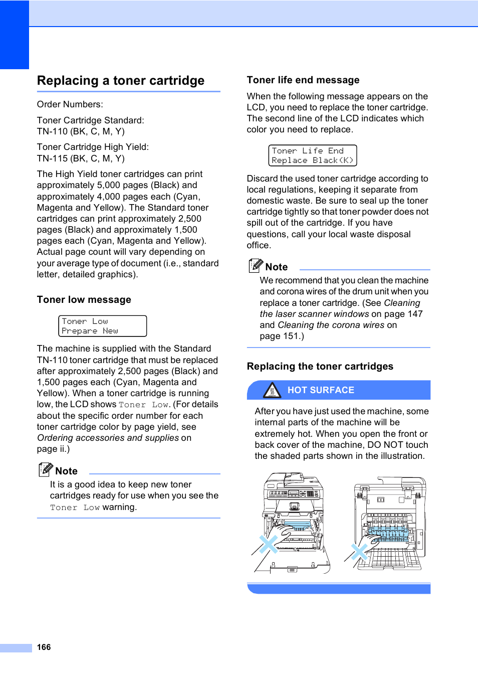 Replacing a toner cartridge, Toner low message, Toner life end message | Replacing the toner cartridges, Hot surface | Brother MFC-9450CDN User Manual | Page 182 / 252