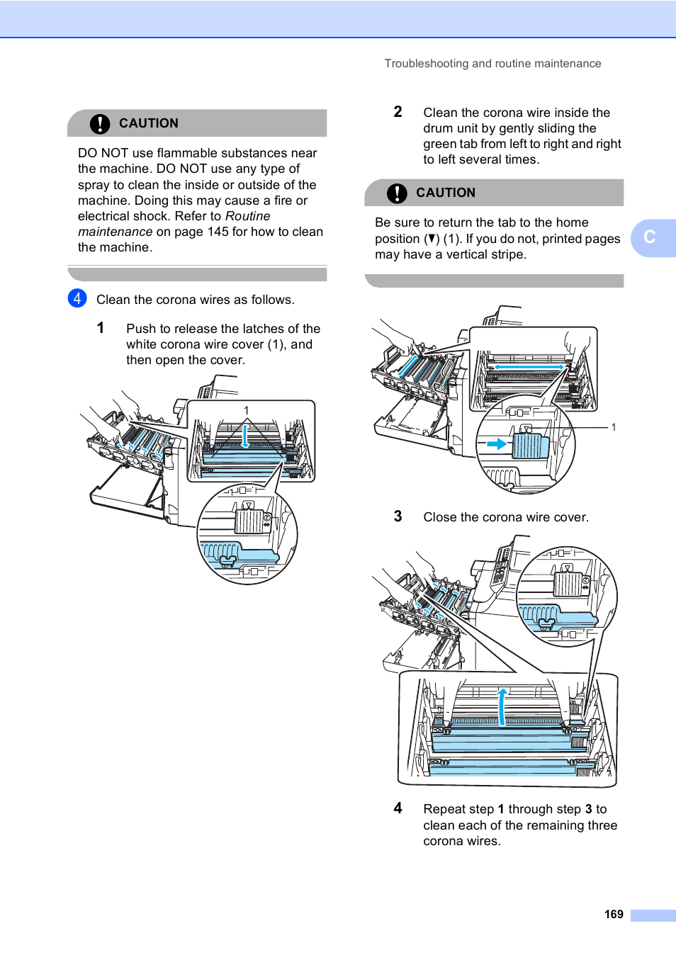 Caution, Clean the corona wires as follows, Close the corona wire cover | Brother MFC-9450CDN User Manual | Page 185 / 252