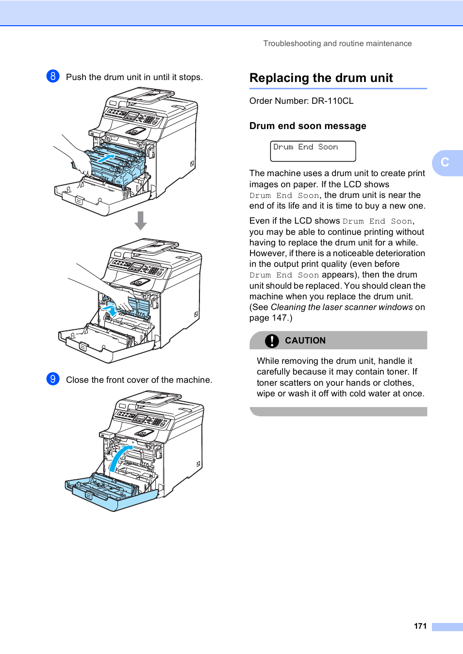 Replacing the drum unit, Drum end soon message | Brother MFC-9450CDN User Manual | Page 187 / 252