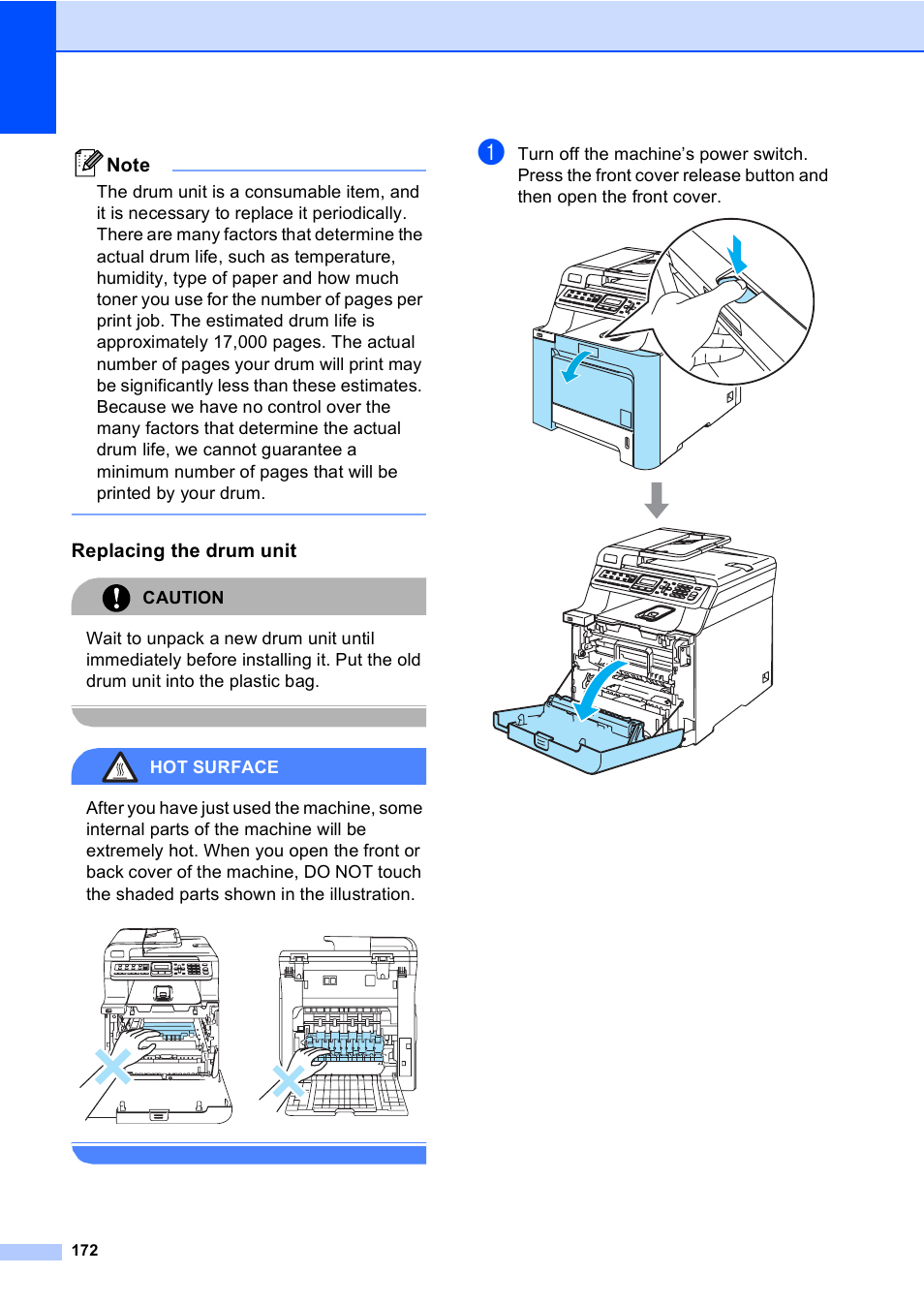 Replacing the drum unit, Caution, Hot surface | Brother MFC-9450CDN User Manual | Page 188 / 252