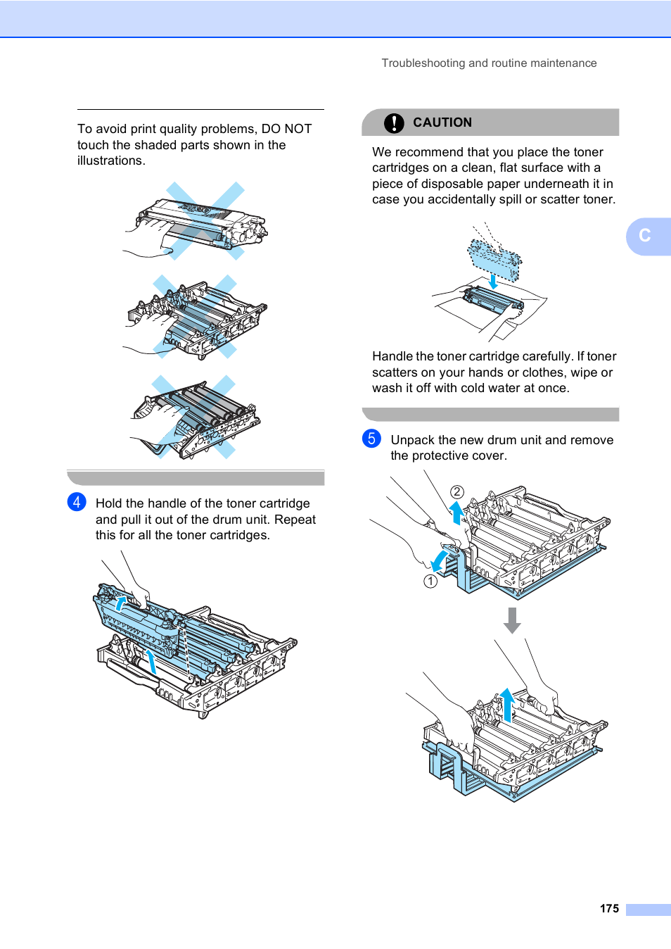 Caution, Troubleshooting and routine maintenance 175 | Brother MFC-9450CDN User Manual | Page 191 / 252