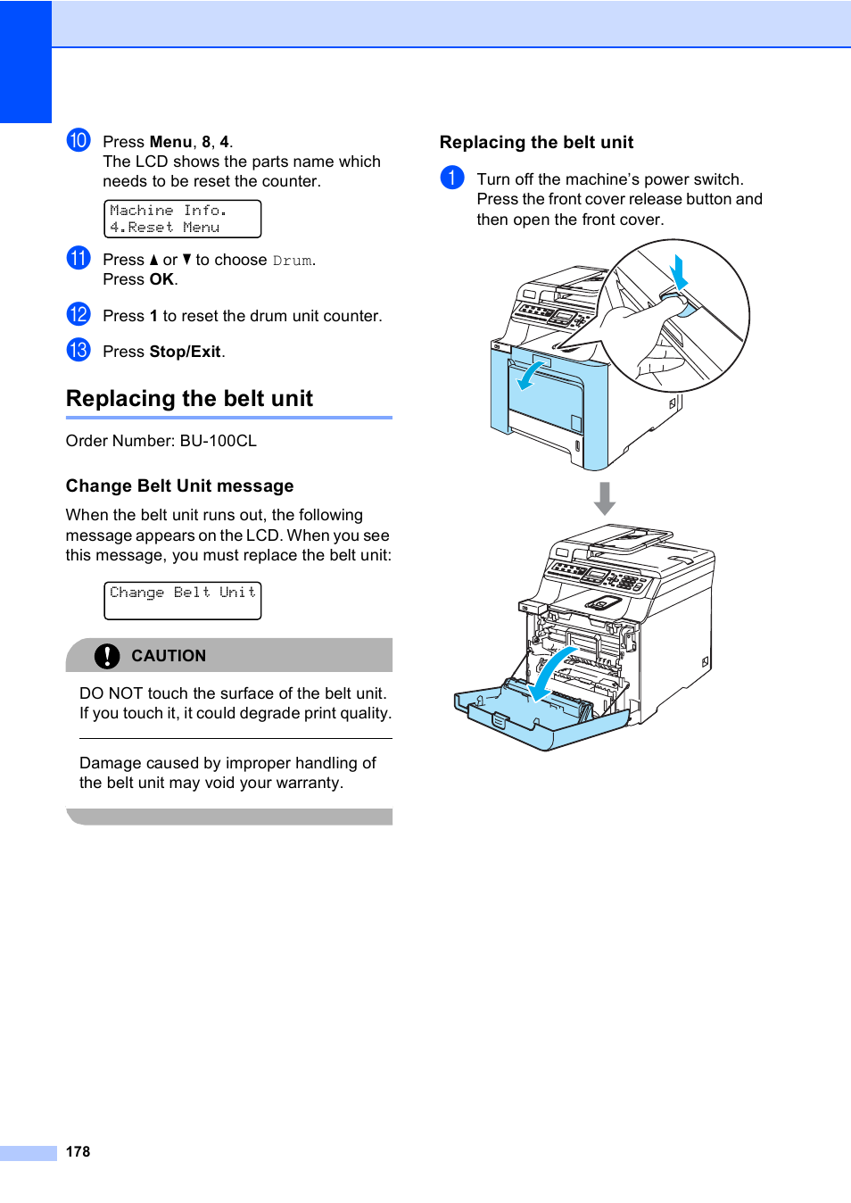 Replacing the belt unit, Change belt unit message | Brother MFC-9450CDN User Manual | Page 194 / 252