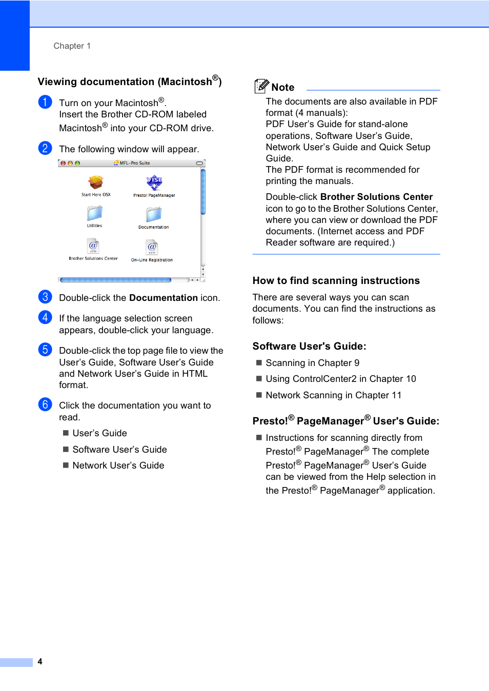 Viewing documentation (macintosh®), How to find scanning instructions, Software user's guide | Brother MFC-9450CDN User Manual | Page 20 / 252