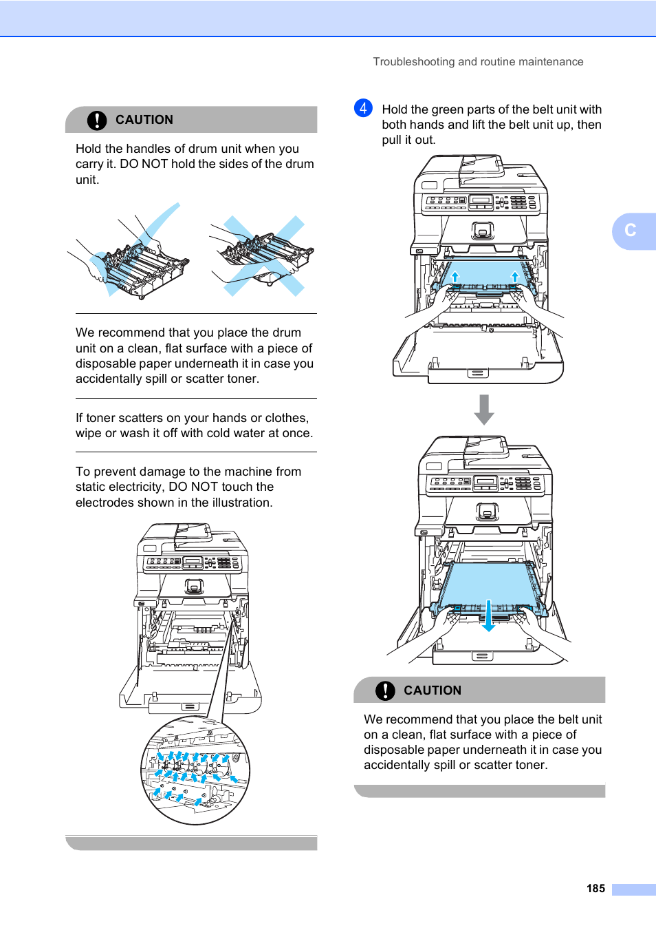 Caution, Troubleshooting and routine maintenance 185 | Brother MFC-9450CDN User Manual | Page 201 / 252