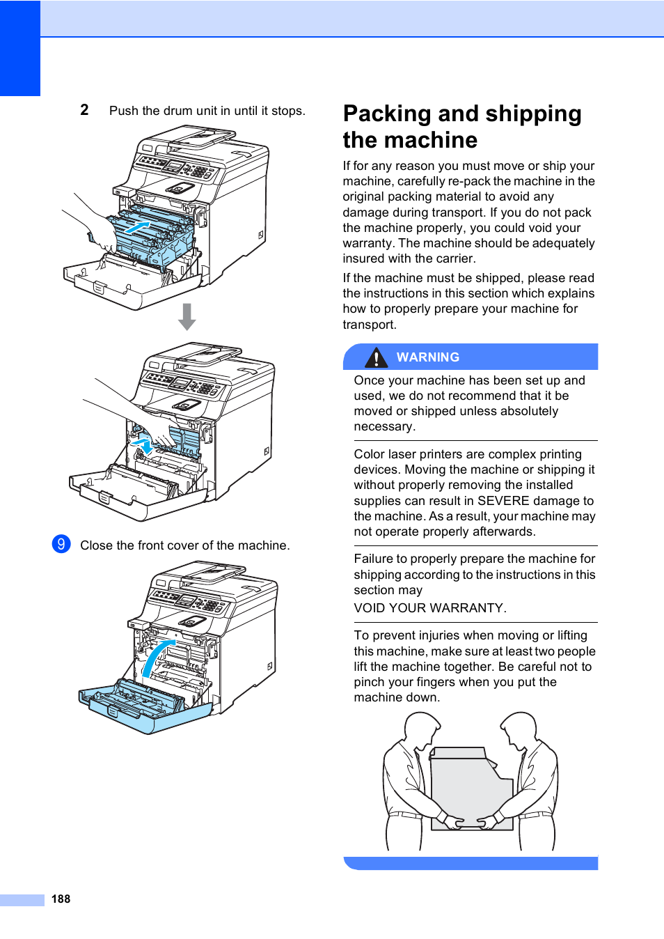 Packing and shipping the machine, Push the drum unit in until it stops, Close the front cover of the machine | Brother MFC-9450CDN User Manual | Page 204 / 252