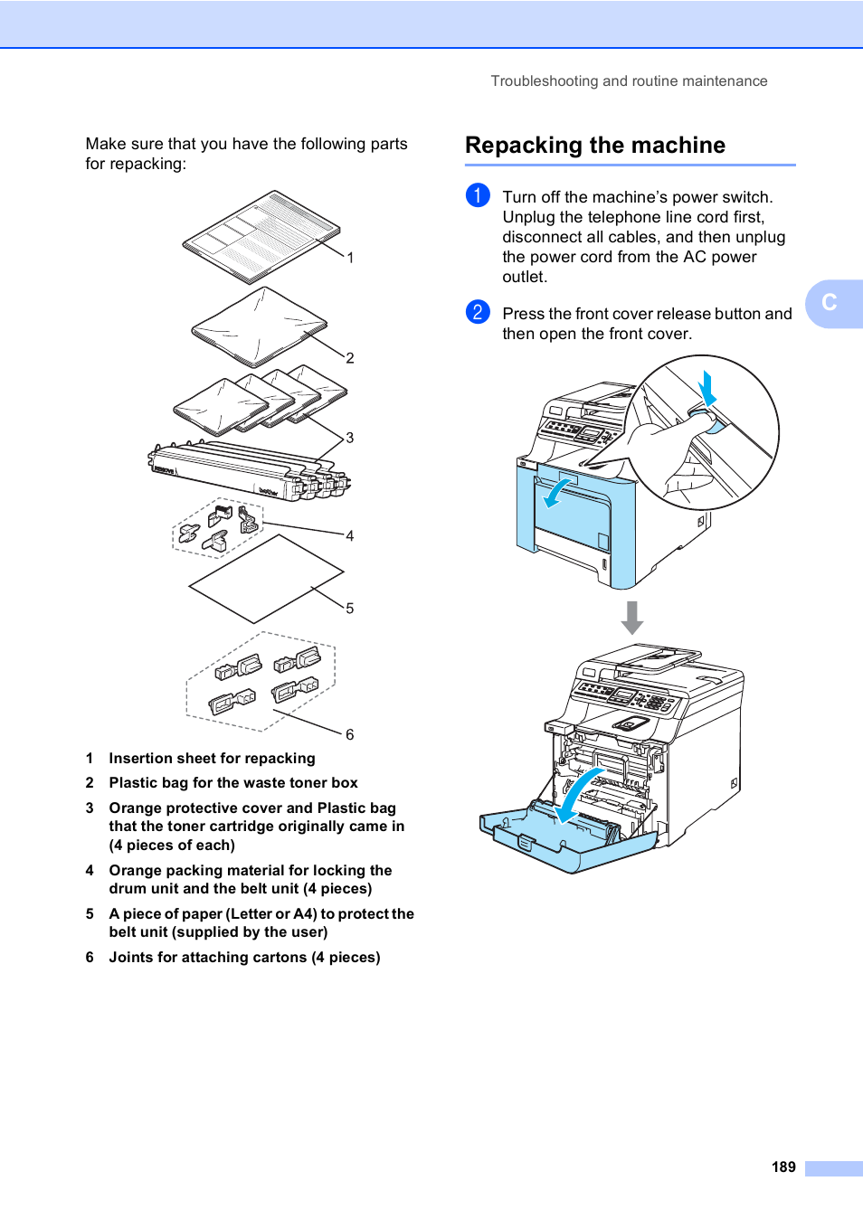 Repacking the machine | Brother MFC-9450CDN User Manual | Page 205 / 252