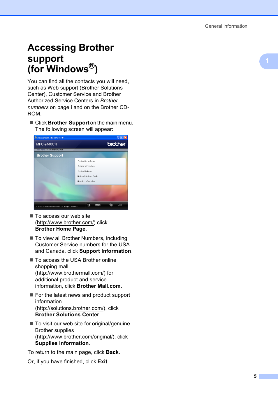 Accessing brother support (for windows®), Accessing brother support (for windows | Brother MFC-9450CDN User Manual | Page 21 / 252