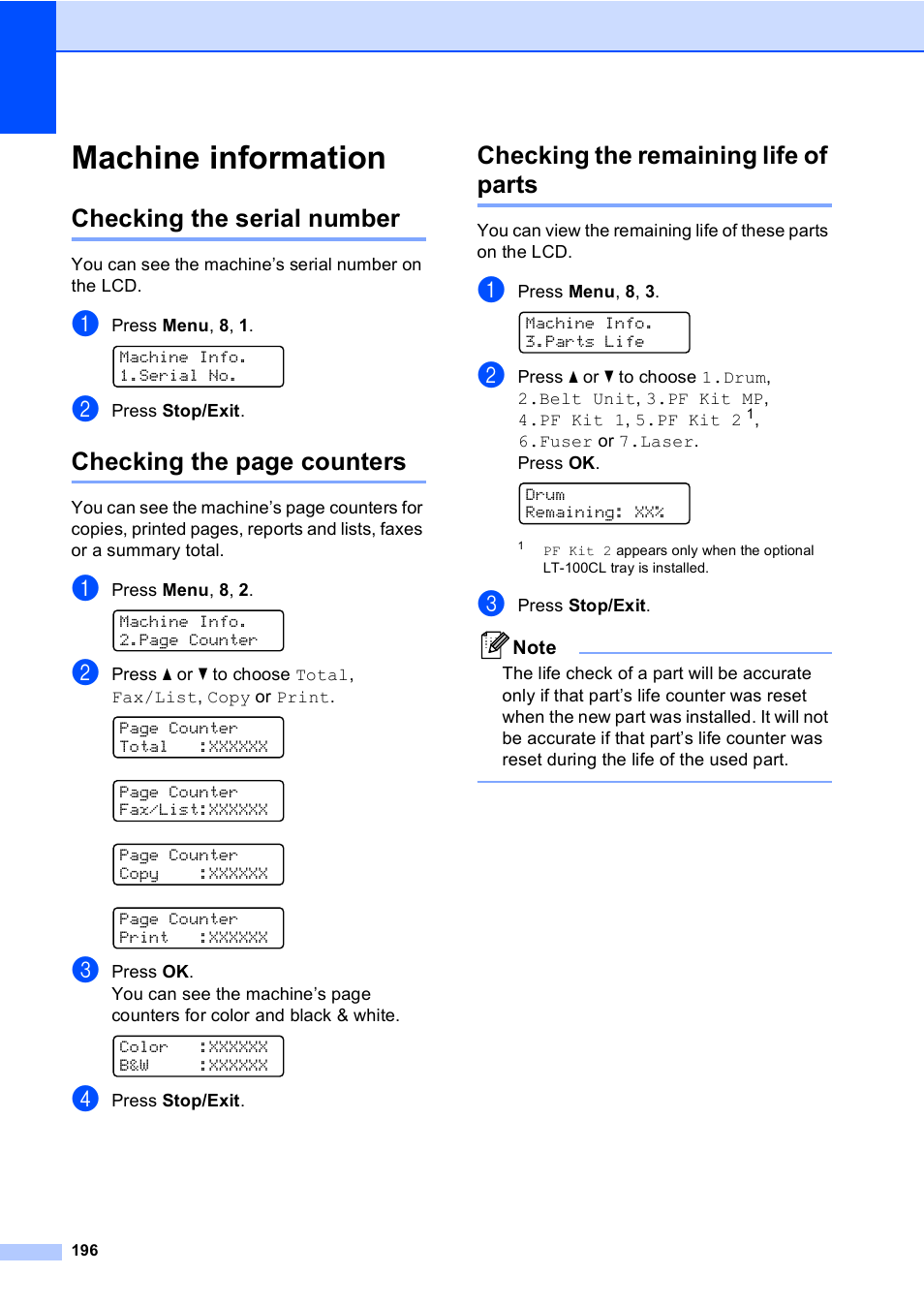 Machine information, Checking the serial number, Checking the remaining life of parts | Checking the page counters | Brother MFC-9450CDN User Manual | Page 212 / 252