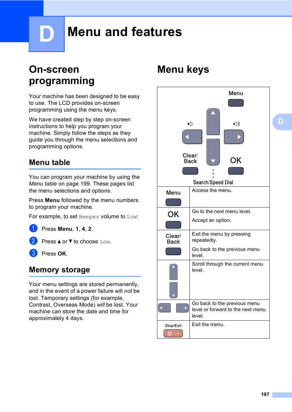 D menu and features, On-screen programming, Menu table | Memory storage, Menu keys, Menu and features, Menu table memory storage | Brother MFC-9450CDN User Manual | Page 213 / 252