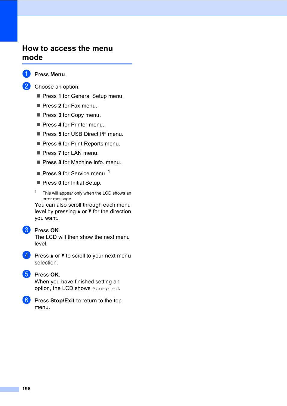 How to access the menu mode | Brother MFC-9450CDN User Manual | Page 214 / 252