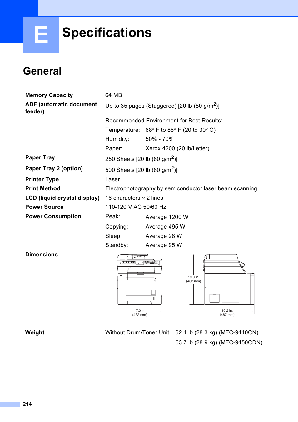 E specifications, General, Specifications | Brother MFC-9450CDN User Manual | Page 230 / 252