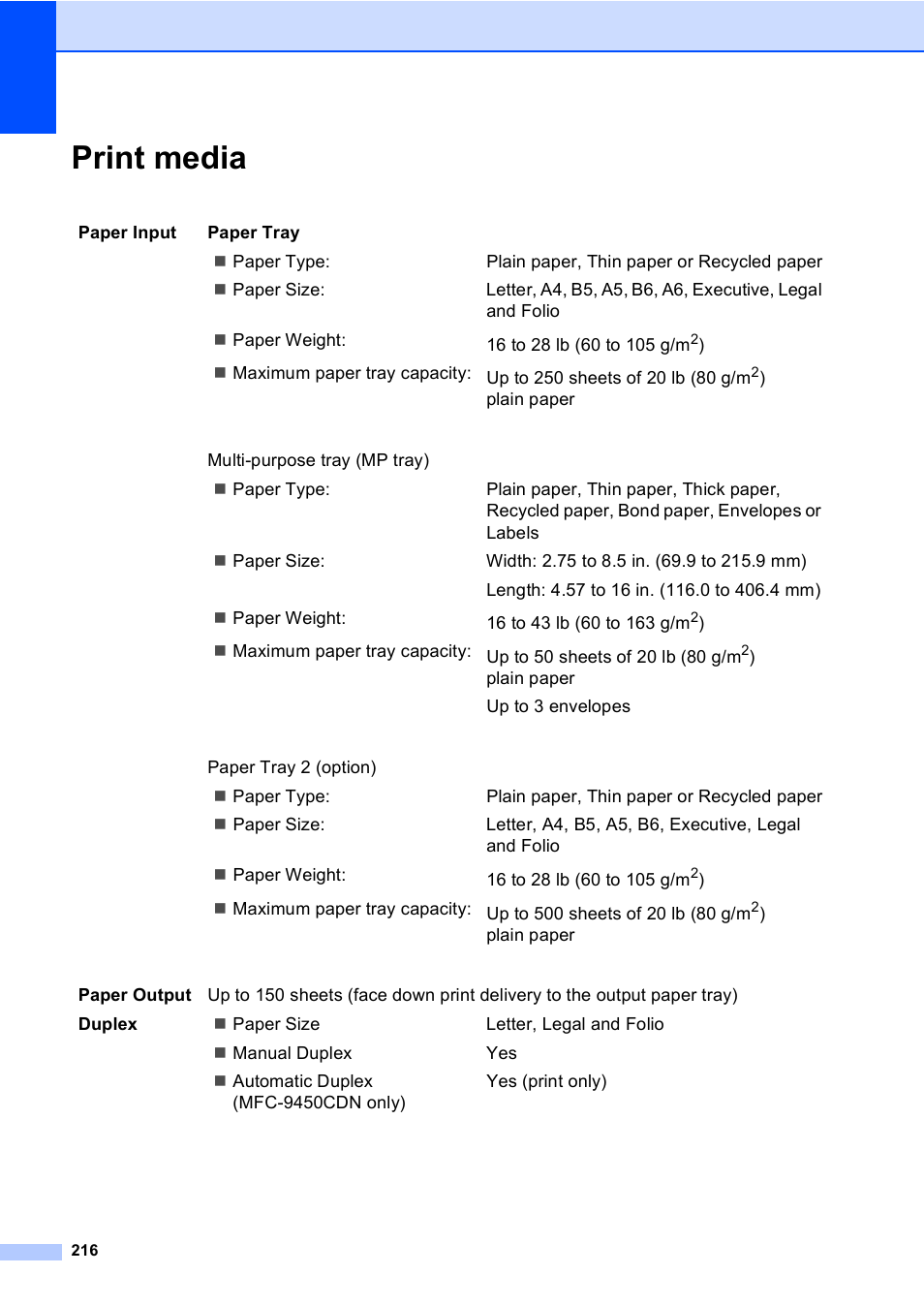 Print media | Brother MFC-9450CDN User Manual | Page 232 / 252