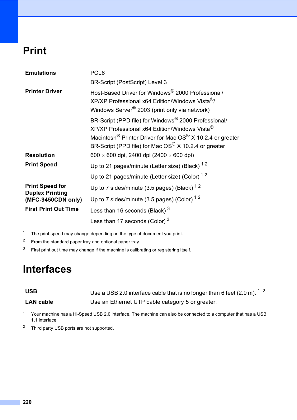 Print, Interfaces, Print interfaces | Brother MFC-9450CDN User Manual | Page 236 / 252