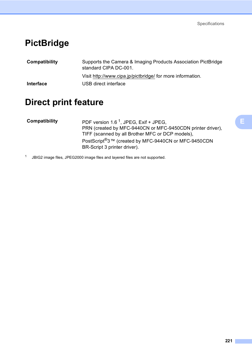 Pictbridge, Direct print feature, Pictbridge direct print feature | Brother MFC-9450CDN User Manual | Page 237 / 252