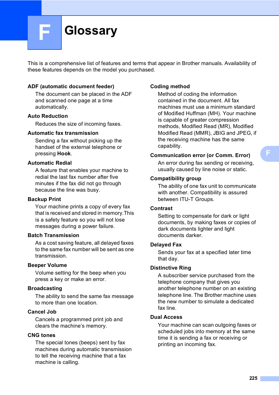 F glossary, Glossary | Brother MFC-9450CDN User Manual | Page 241 / 252