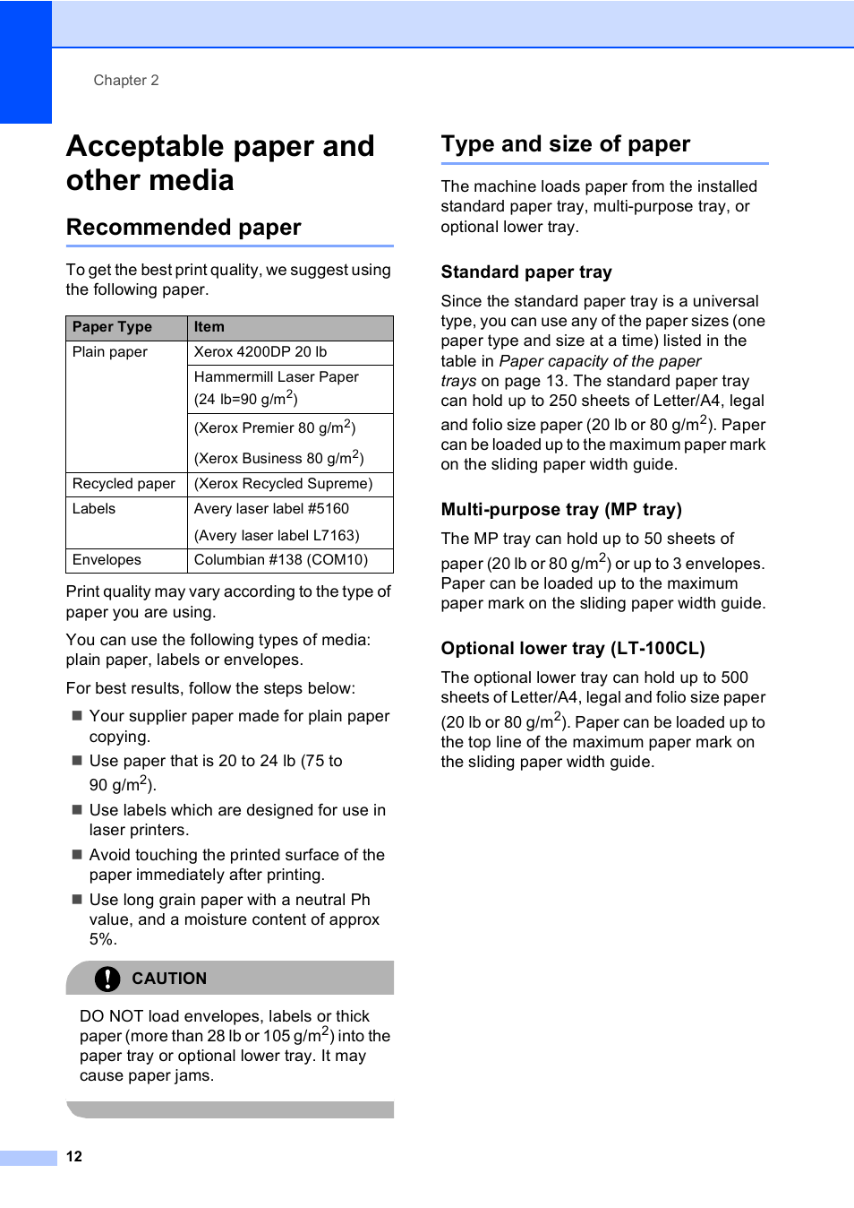 Acceptable paper and other media, Recommended paper, Type and size of paper | Standard paper tray, Multi-purpose tray (mp tray), Optional lower tray (lt-100cl), Recommended paper type and size of paper | Brother MFC-9450CDN User Manual | Page 28 / 252