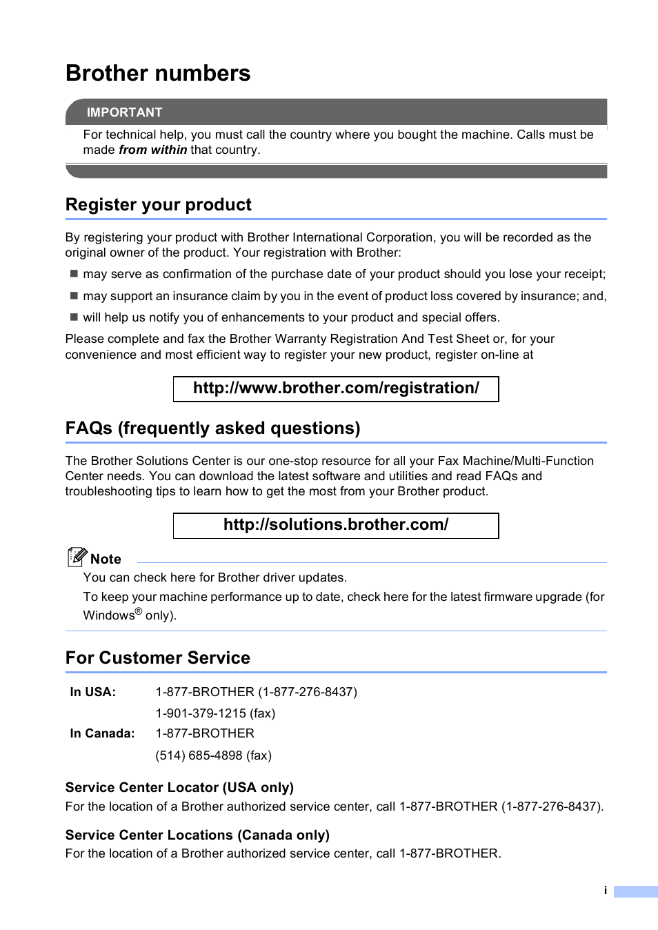 Brother numbers, Register your product, Faqs (frequently asked questions) | For customer service | Brother MFC-9450CDN User Manual | Page 3 / 252