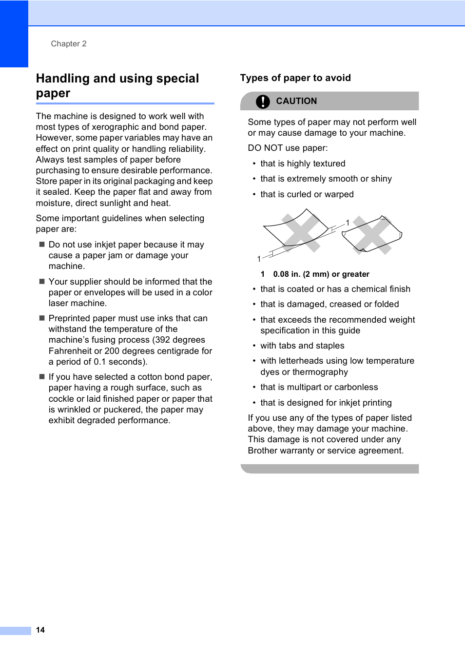 Handling and using special paper, Types of paper to avoid | Brother MFC-9450CDN User Manual | Page 30 / 252